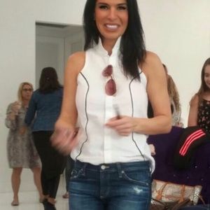 Josh Goot Sleeveless Cotton Tuxedo Blouse, White with details Black lines Sz S